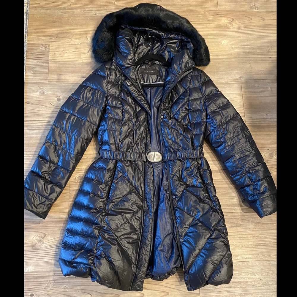 Tahari black hooded waist puffer jacket